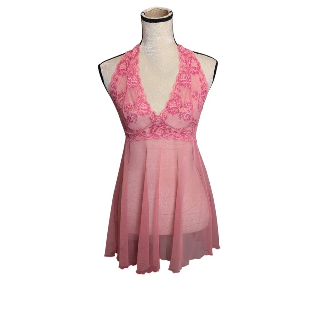 Vintage Y2K Victoria's Secret Sz S Pink Sheer Mesh Lace Babydoll Halter Lingerie